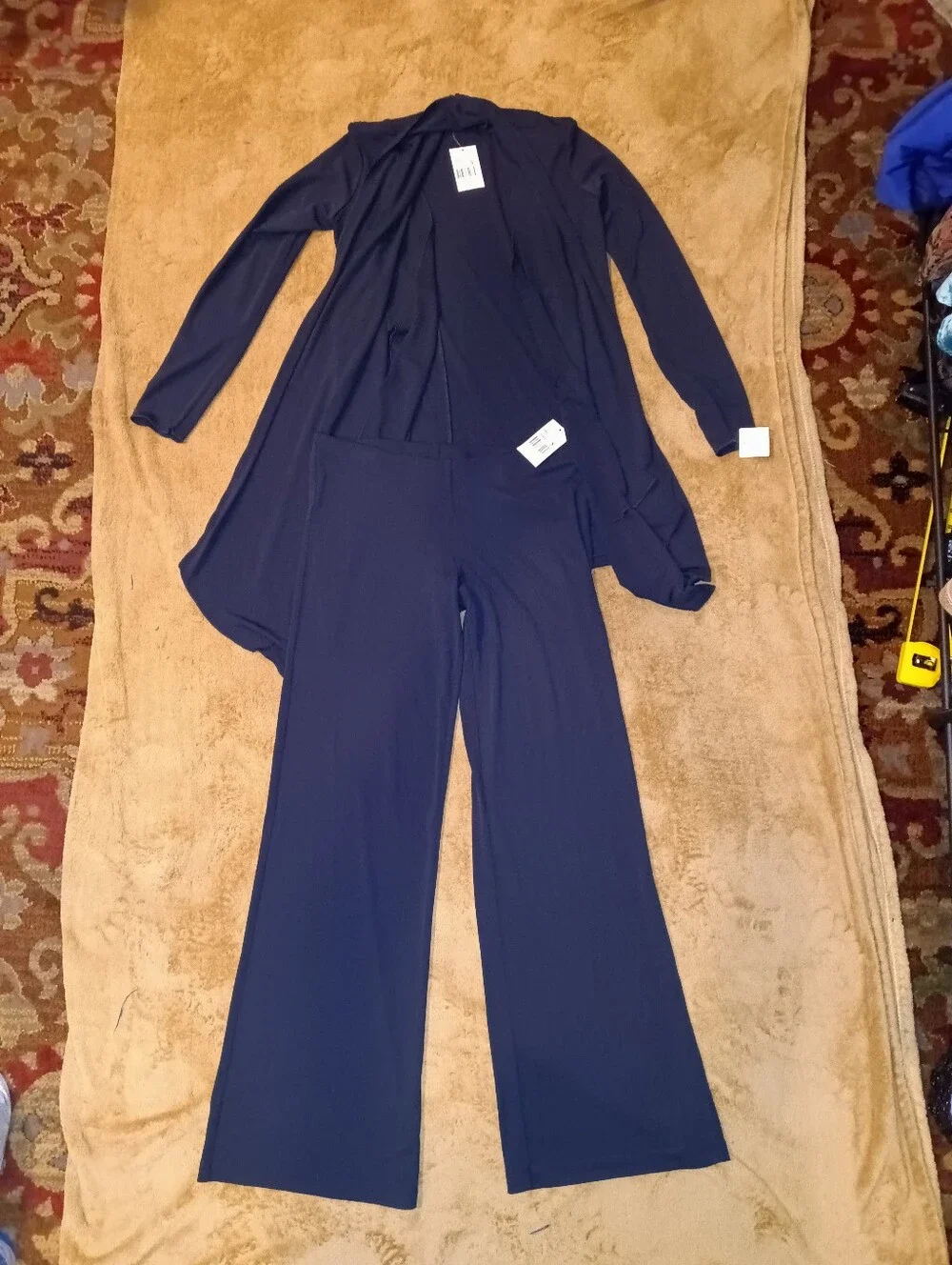 NWT Cabi Women's Navy Wide-Leg Pants & Open Tie Cardigan Set